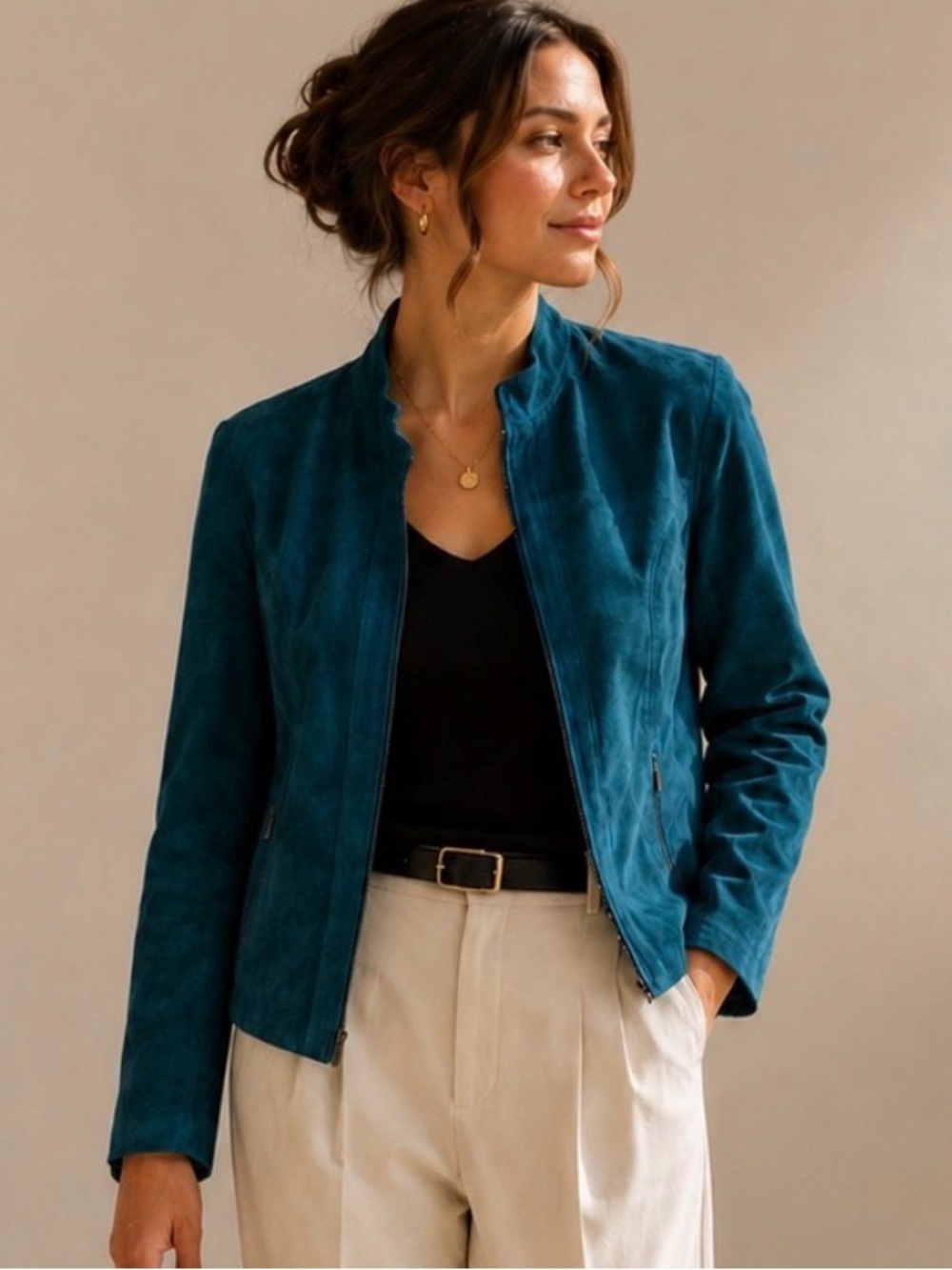 Preston & York Genuine Suede Teal Leather Jacket Zip Front Medium